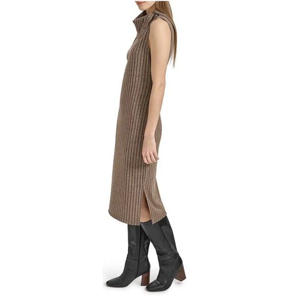 Andrew Marc Mocha Ribbed Sleeveless Funnel Neck Midi Dress M NEW - Picture 1 of 10